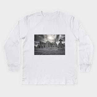 Clonmacnoise monastery ruins on the Shannon in Ireland Kids Long Sleeve T-Shirt